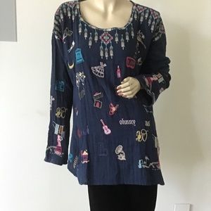 NEW Johnny Was Biya Rondo Navy Blue Embroidered Oversized LS Tunic Top M $225